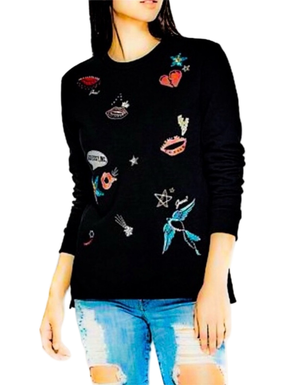 🐕‍🦺GUESS Black Embroidered Patch Crewneck Sweater size L GUC